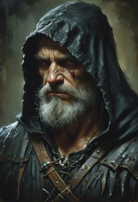 old witcher  hooded, top hard light, Dark environment, black over black, highly detailed,  masterful painting in the style of Anders Zorn | Marco Mazzoni | Yuri Ivanovich, Aleksi Briclot, Jeff Simpson, oil on canvas