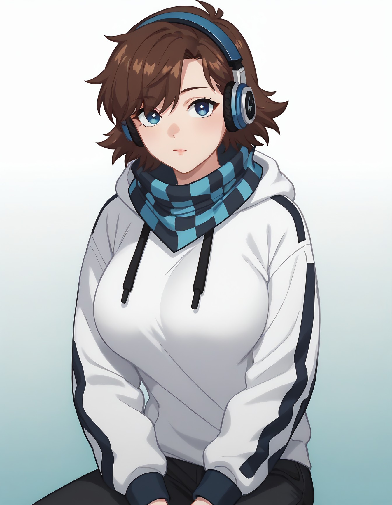 score_9, score_8_up, score_7_up, score_6_up, score_5_up,  source_anime,
BREAK
1 girl, solo, looking at viewer, sitting, gradient background, Lololowka, blue checkered scarf, blue headphones, anime screencap, white hoodie with a black stripes, big breasts, <lora:65cd618c-a9e0-4837-9c63-5ed3045c9874:0.7>, <lora:9e375509-c1a5-4c6c-86f7-216bb51b05e5:0.7>