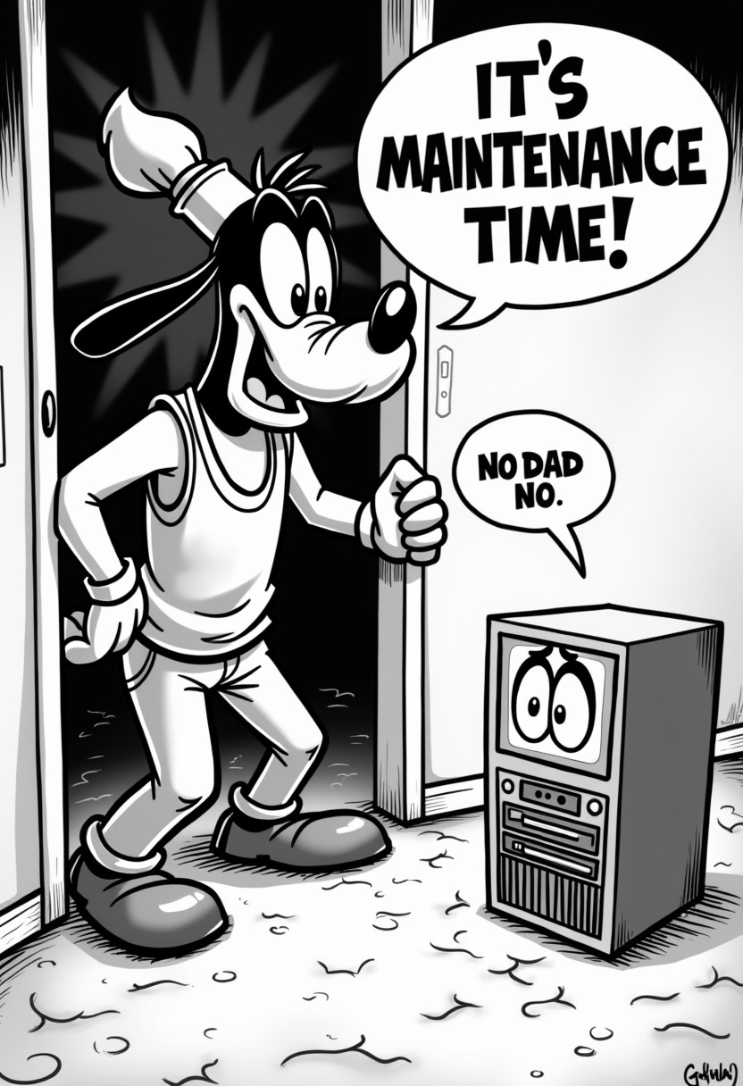 a dark themed black and white cartoon illustration featuring two characters. One character is Goofy from the Disney cartoon, standing with an exaggerated expression, wide eyes, and an open mouth, wearing a tank top and gloves. This character is bursting through a door or wall with the phrase “IT’S MAINTENANCE TIME!” in a speech bubble. The other character is a computer server on the ground with a sad expression, saying “no dad no!”
