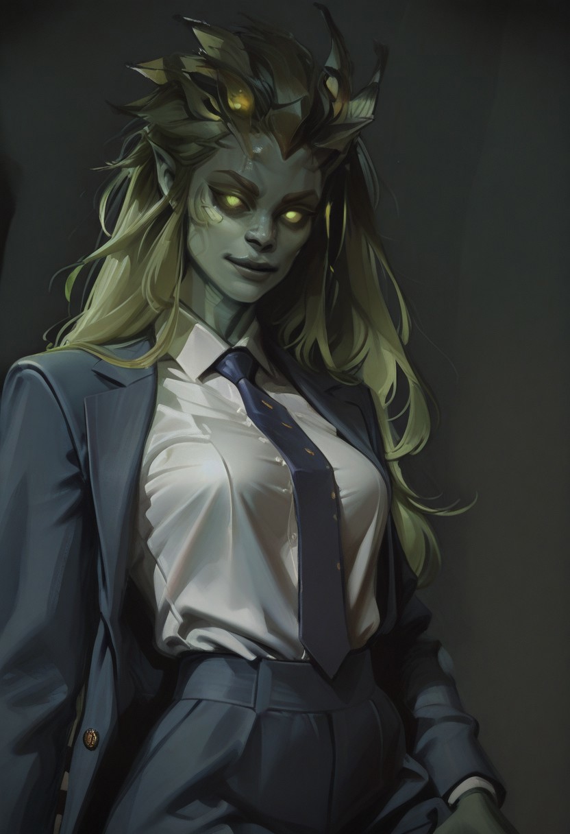 nh_stl, LovingIt, aoj_sr, mngo, Fr4n5_M35, simple background, cowboy shot, 
detailed, vignetting contrast, close up portrait, solo, colored skin, long hair, green hair, green eyes, glowing eyes, white button shirt, navy suit, blazer, tie, formal, waist, athletic, 
Dancing, looking at viewer, swaying breasts,