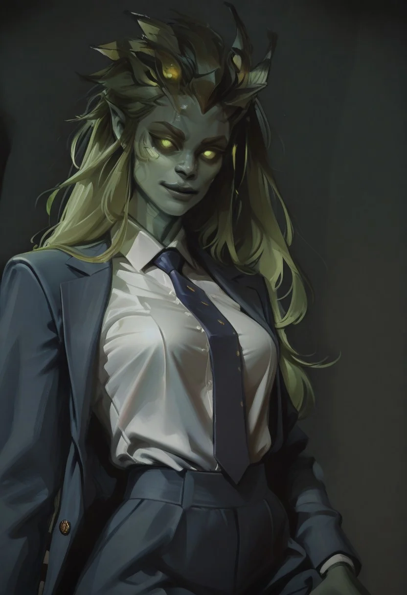 nh_stl, LovingIt, aoj_sr, mngo, Fr4n5_M35, simple background, cowboy shot,
detailed, vignetting contrast, close up portrait, solo, colored skin, long hair, green hair, green eyes, glowing eyes, white button shirt, navy suit, blazer, tie, formal, waist, athletic,
Dancing, looking at viewer, swaying breasts,