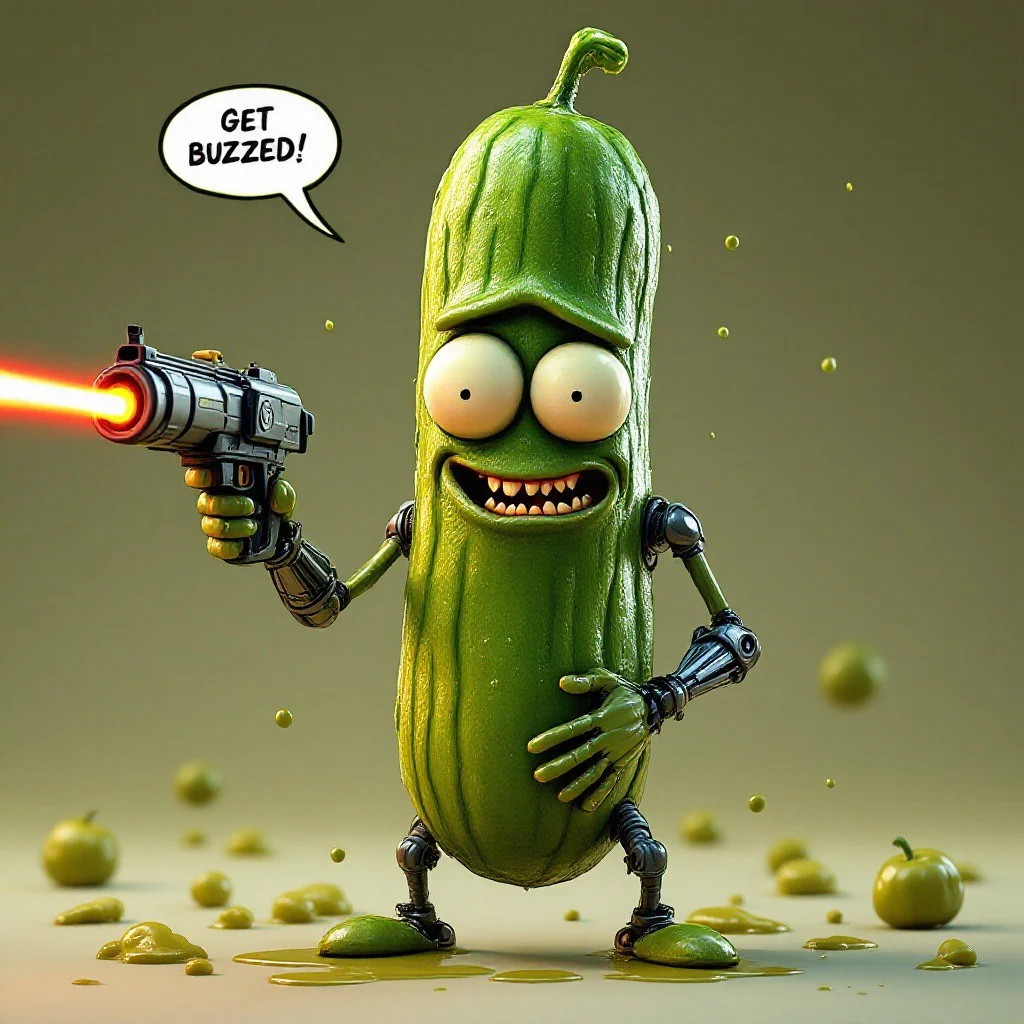 Hyperrealism, hyper realistic, 3D, blender style, a cucumber with robotic arms and legs, pickle Rick from Rick and Morty show holding a lazer gun while saying in a speech bubble while laughing like crazy: "GET BUZZED!", big realistic eyes, pickle juice dripping all around,
