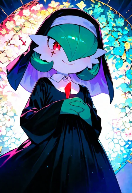score_9, score_8_up, solo , 
(gardevoir) ,\(pokemon , 1girl , black shirt , bob cut , closed mouth , clothed pokemon ,  collared shirt , colored skin , cross , cross in eye , facial mark , flat chest , green hair , green skin , habit , hair over one eye , half-closed eyes , hands up , happy , interlocked fingers , latin cross , long sleeves , looking at viewer , multicolored skin , nun , one eye covered , own hands together , pokemon (creature) , red eyes , shirt , short hair , smile , standing , two-tone skin, upper body , white skin , wide sleeves 
newest, year 2024, very aesthetic, masterpiece, best quality, highres, newest, absurdres, cinematic lighting,ray tracing,dynamic angle,depth of field,high contrast,colorful,detailed light,light leaks,beautiful detailed glow,best shadow,shiny,intricate details,hyperdetailed,very aesthetic,iridescent
(((masterpiece,best quality,newest,absurdres,highres))) ,
[[artistinoino_(tellu0120)]], [artist:kyuuba melo] , [artist:takashima_shoa]