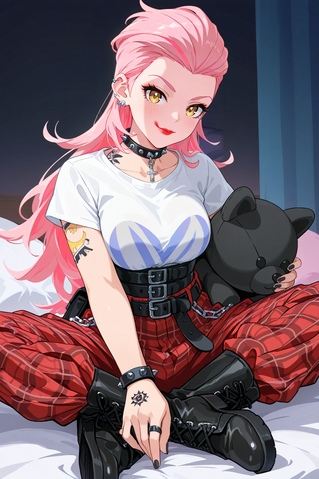 masterpiece, good quality, best quality, very awa, very as2, absurdres, highres
 <lora:Jeanne DislyteilluLora:1>Jeanne, black nails, pink hair, multicolored hair, hair slicked back, long hair, yellow eyes, black eyeliner, eyeshadow, earrings, ear piercing, red lipstick, smeared lipstick, spiked collar, neck tattoo, arm Tattoo, print shirt, corset, spiked bracelet, multiple rings, Hand Tattoo, multiple belts, belt Pouch, wallet chain, Plaid pants, Plaid waist cape, cross-laced footwear, indian style, sitting, holding stuffed toy, smile, bedroom,