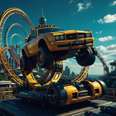 mboard artstyle, cosmic roller coaster, Transformers, Sydney, Australia <lora:Motherboard artstyle - trigger is mboard artstyle:1>