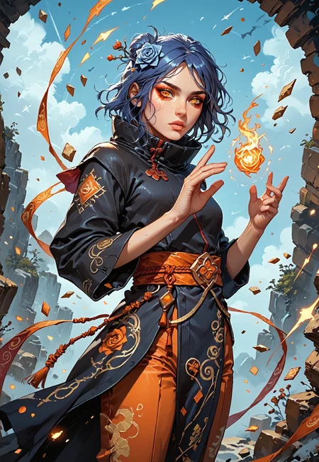 ((zPDXL3)), ((masterpiece,best quality, highly detailed)), ((score_9)), score_8_up, score_7_up, score_6_up, score_5_up, score_4_up, Digital painting style, brushstrokes, ((EnhanceImage)), solo, 1girl, KonanNSHXL, makeup, orange eyes, blue hair, short hair, single hair bun, hair flower, medium breasts, high collar, black coat, coat with cloud print, long sleeves, pants, sandals, origami, swirls of origami, origami cranes,
Expressiveh, 30yo, adult lustful confident woman, petite, slender body, perky saggy natural breasts, full lips, bangs, sidelocks, straps,
chinese magical sorceress, animated, swirling magic, wisps of magic, ((dancing pose)), tight squeezed outfit, magical accessories, evoking motion, conveying motion, dynamic splash art,
<lora:PainterlyFantasiaPDXL:0.6>,