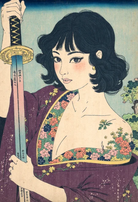 Ukiyo-e style by Katsushika Hokusai of a young woman with pale skin and striking, almond-shaped eyes that gaze directly at the viewer, her dark, shoulder-length hair is slightly tousled, framing her face, she holds a large, ornate sword with a golden hilt, which is illuminated by a vibrant, glowing blue and purple halo, the sword is held in her right hand, with the hilt resting on her shoulder, she wears a traditional japanese kimono with off-the-shoulder sleeves, which are adorned with colorful floral tattoos in shades of pink, orange, and purple, adding a vibrant and mystical touch to her attire, the background is a gradient of dark to light grey, ensuring the focus remains on the subject<lora:CustomFlux/Katsushika_Hokusai.safetensors:1.0:1.0>