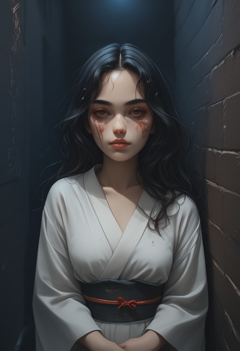 score_9, score_8_up, score_7_up, score_6_up, 1girl, solo, medium breasts, long hair, attractive, symmetrical face, soft structured facial features, (bruises and scratches:0.8), night, alleyway, dark, (egyptian:0.6), (brazilian:0.6), from above,  kimono