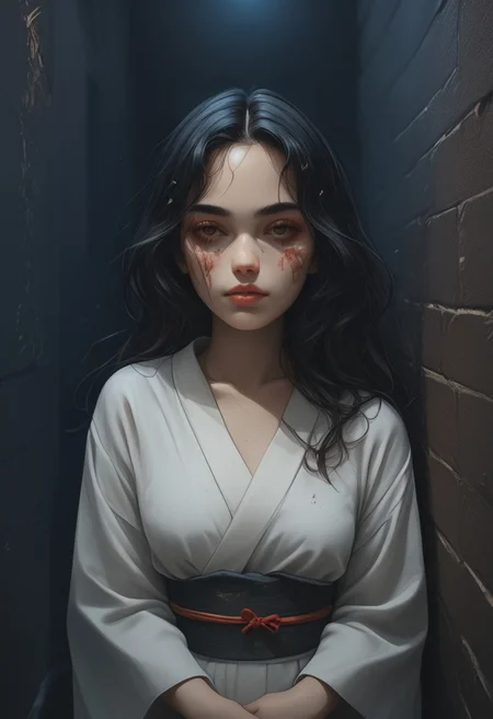 score_9, score_8_up, score_7_up, score_6_up, 1girl, solo, medium breasts, long hair, attractive, symmetrical face, soft structured facial features, (bruises and scratches:0.8), night, alleyway, dark, (egyptian:0.6), (brazilian:0.6), from above,  kimono