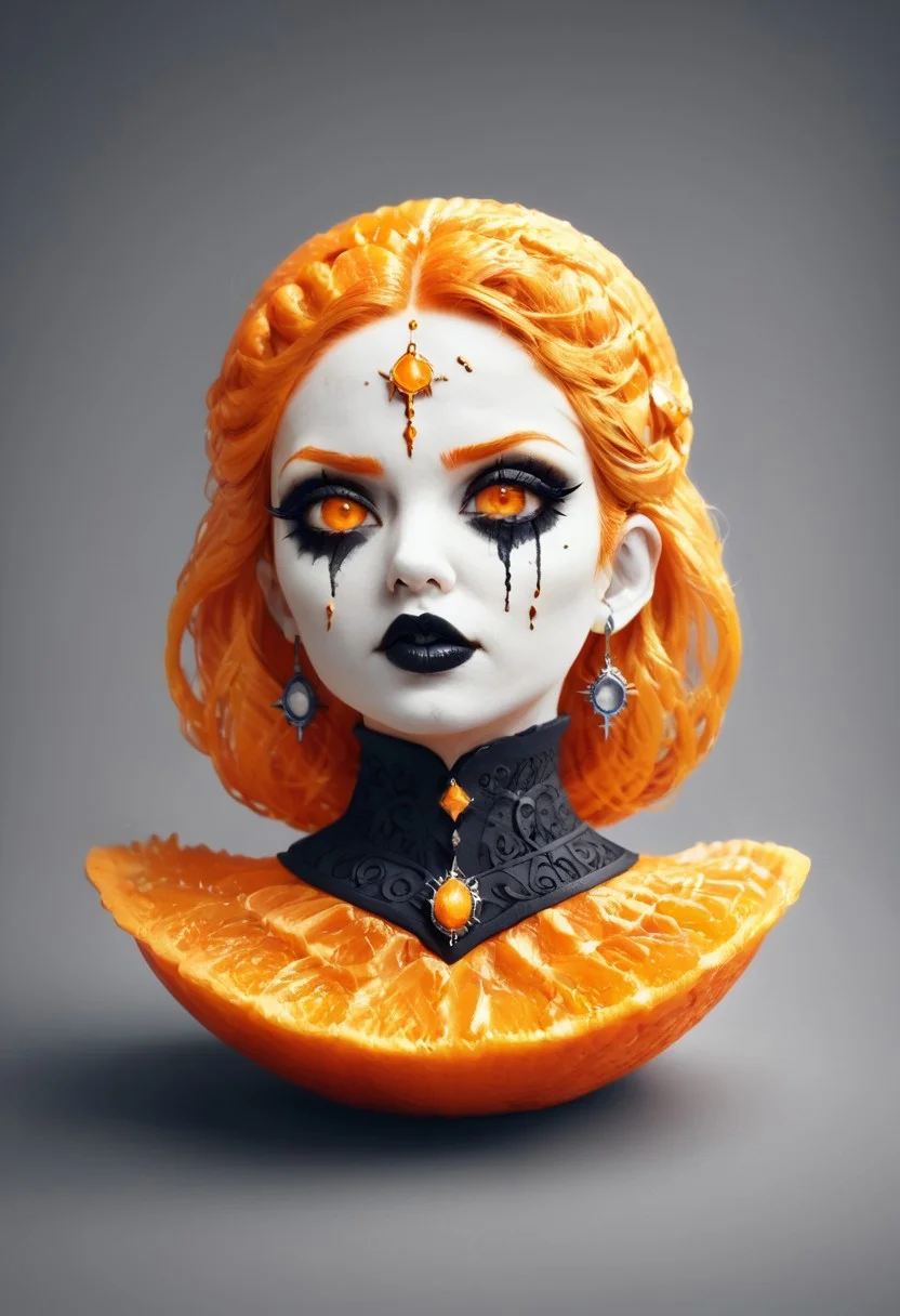 score_9, fantastical appearance of a female, gothic, heavy dark makeup with whimsical elements, magical fairytale landscape, fantasy style art, deep orange, black, white theme, intricate details, ultra sharp, exquisite detail, flawless composition, vivid colors, masterpiece, exciting background, orange peel style