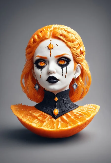 score_9, fantastical appearance of a female, gothic, heavy dark makeup with whimsical elements, magical fairytale landscape, fantasy style art, deep orange, black, white theme, intricate details, ultra sharp, exquisite detail, flawless composition, vivid colors, masterpiece, exciting background, orange peel style