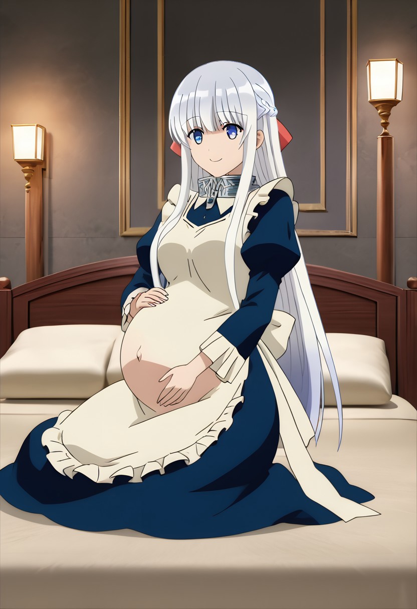 best quality, masterpiece, 4k, perfect lighting, very aesthetic, anime, anime coloring, official art, anime screencap,
bedroom, happy, smile, large pregnant belly, 
sitting, hand on belly,
<lora:Madome - Nephelia SDXL R1:0.8>, Nephelia, dress, maid uniform