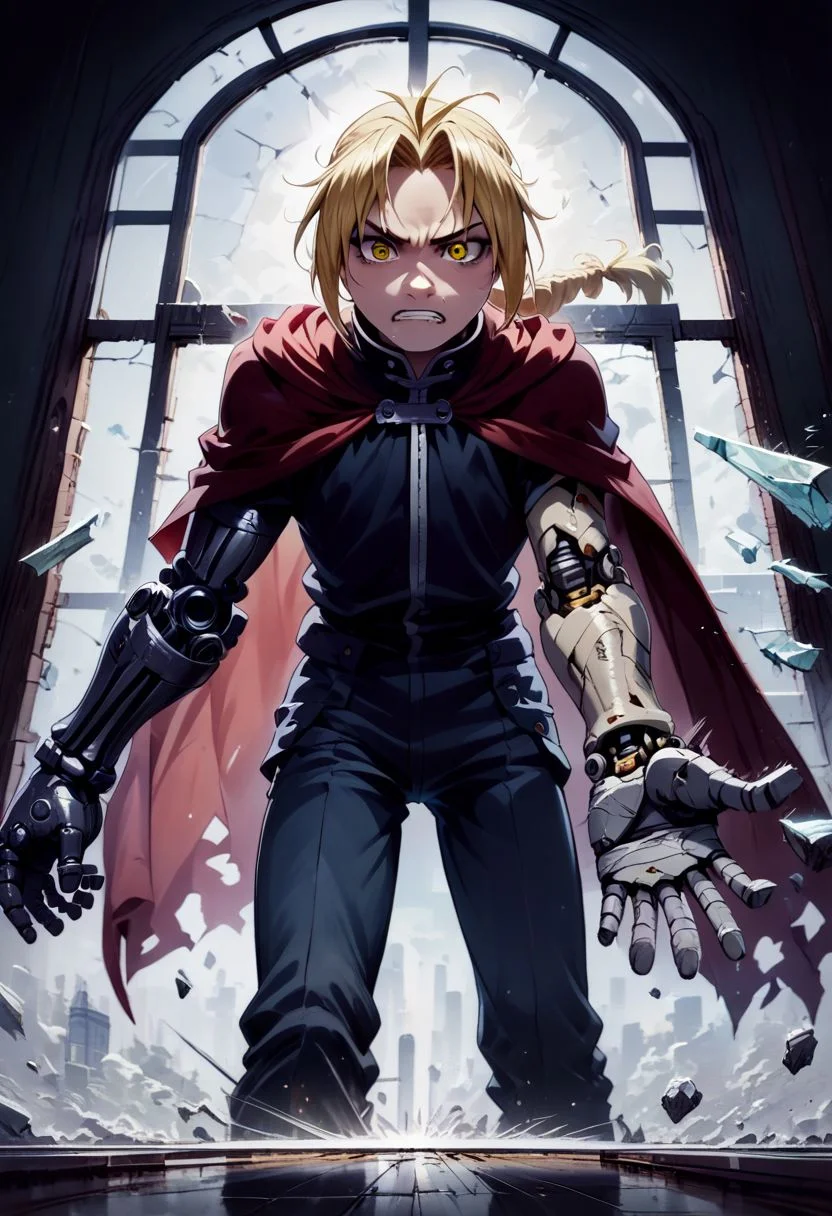score_9, score_8, score_7, score_6,rating_safe, source_anime,edward_elric, blonde hair, yellow eyes, braid, single braid, braided ponytail, ((red cape)),(single mechanical arm),grit teeth,leaning forward,(Striking in succession),broken window,glass pieces on air,glass fragments on air,broken window,glass fragment,speed line,motion blur,emphasis lines,(ashes,powder,:1.2),(perspective,front view,wide angle:1.2),(intricate_details_xl:1.5),(in front of window),IncrsXLBrknGls,broken glass, reflection,light particles,gold chains,gold chains cover on body,