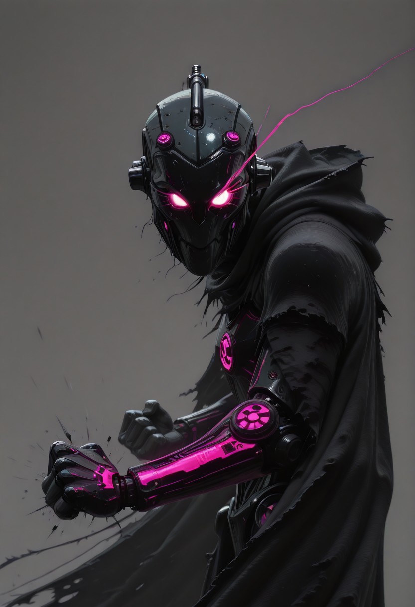enistyle, head Closeup portait, eerie dark humanoid robot, cloak, glowing eyes, Side view, billowing cape,delivering punch, intricate technical details, fine wires, sci-fi themed, dynamic pose, atmospheric blue-pink sundawn, high quality, newest, best quality, high resolution, orb-head, ethereal, armored, sci-fi, atmospheric, dystopien, grey, gritty, eye-trails, fighting-stance, eye trail, zone-eyes