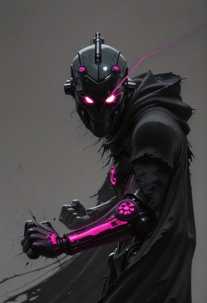 enistyle, head Closeup portait, eerie dark humanoid robot, cloak, glowing eyes, Side view, billowing cape,delivering punch, intricate technical details, fine wires, sci-fi themed, dynamic pose, atmospheric blue-pink sundawn, high quality, newest, best quality, high resolution, orb-head, ethereal, armored, sci-fi, atmospheric, dystopien, grey, gritty, eye-trails, fighting-stance, eye trail, zone-eyes