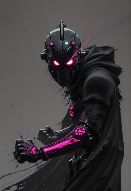 enistyle, head Closeup portait, eerie dark humanoid robot, cloak, glowing eyes, Side view, billowing cape,delivering punch, intricate technical details, fine wires, sci-fi themed, dynamic pose, atmospheric blue-pink sundawn, high quality, newest, best quality, high resolution, orb-head, ethereal, armored, sci-fi, atmospheric, dystopien, grey, gritty, eye-trails, fighting-stance, eye trail, zone-eyes
