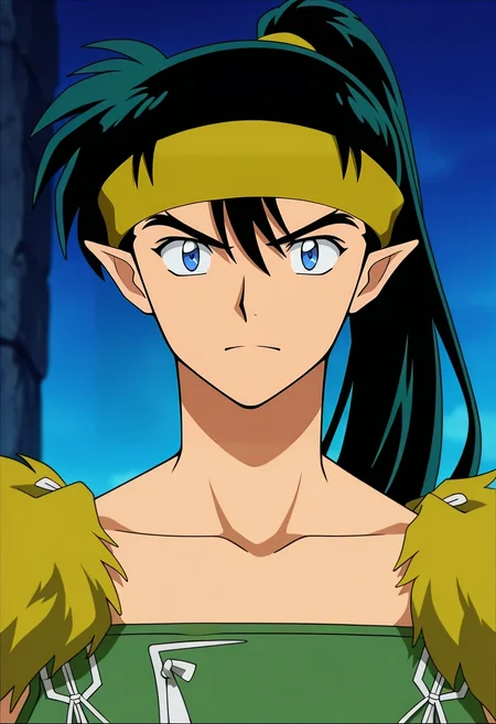 masterpiece, best quality, , anime screencap, anime coloring, official style, looking at viewer, 1boy, solo, male focus, <lora:kouga_inuyasha_ilxl:0.9>, kouga_inuyasha, black hair, blue eyes, long hair, ponytail, pointy ears, headband, , , texan costume