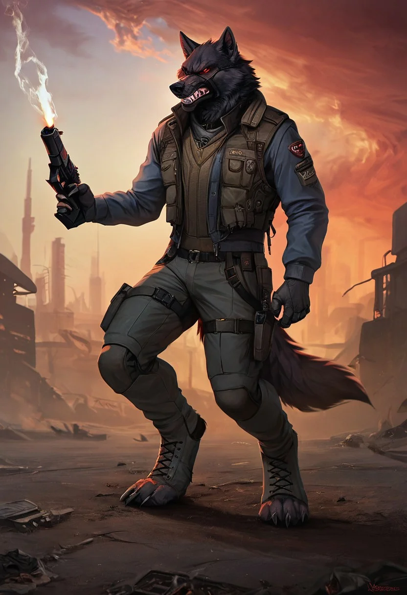 tank in background, male, solo, (anthro, (furry), wolf, black fur) stylized artwork, techwear, futuristic technology, dynamic, helmet, vest, cyberpunk, full body, dynamic lighting, radio tower, (handgun, sci-fi pistol, shooting gun, muzzle flash),
cybernetic enhancements, masterpiece, absurd quality, Sinozick, dark aesthetic, Warzone, destroyed city, fire, smoke, red sky, metal claws, huge claws, sharp teeth, angry,
(ray tracing, photo realistic, good shadows, score_9, score_8_up, score_7_up),