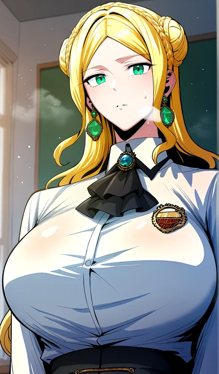 score_9, score_8_up, score_7_up, score_6_up, source_anime, rating_explicit, <lora:neg4all_bdsqlsz_V3.5:2.0>1girl, (solo:1.2), huge breasts,<lora:Erendir von Exilionponyxl:1> blonde hair, green eyes, long hair, braid, hair bun, earrings, double bun, crown braid, long sleeves, black skirt, collared shirt, white shirt, black ascot, brooch, expressionless, Narrow shoulders, sweat, heavy breathing, steaming body, classroom, indoor, looking at viewer