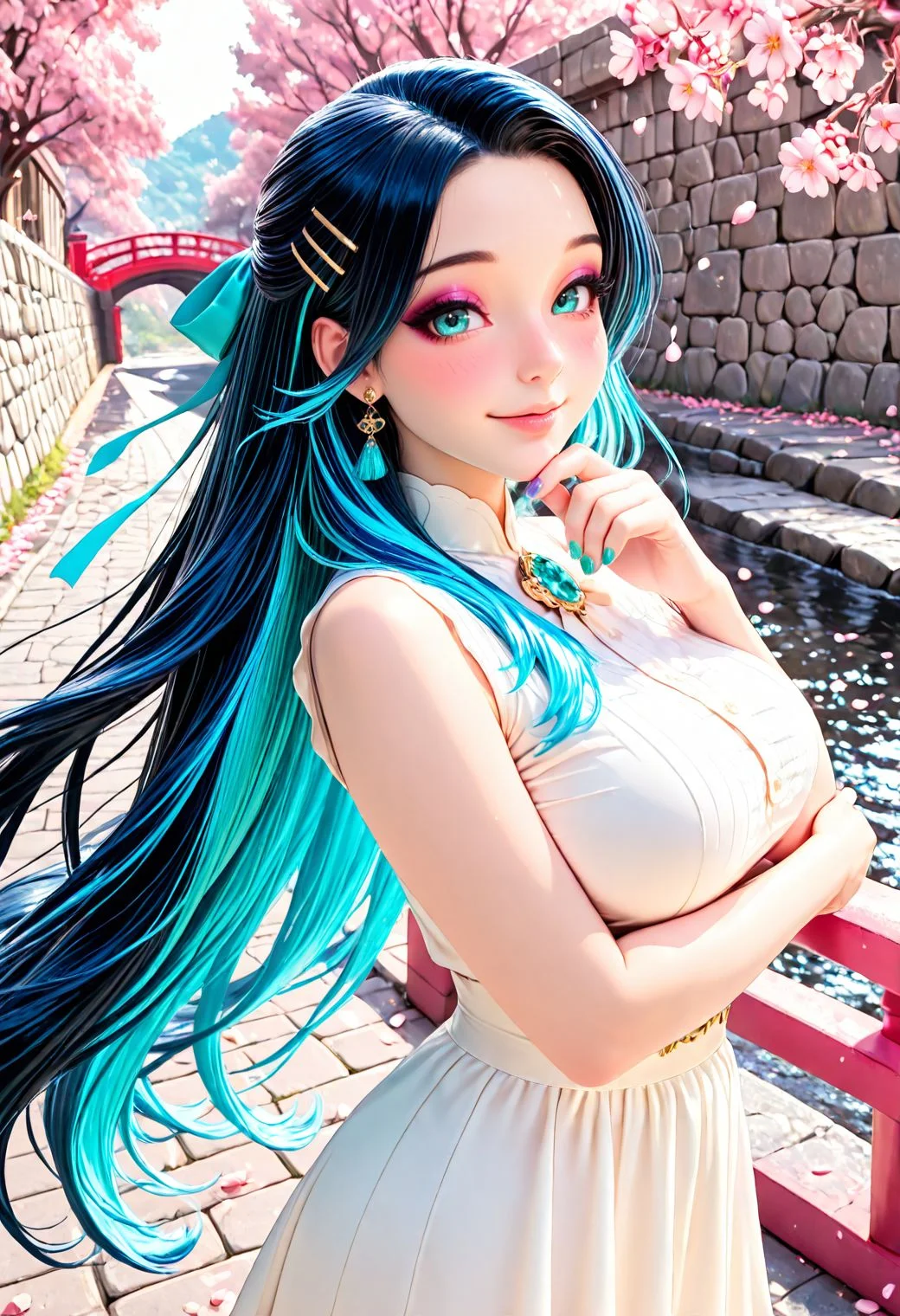 SmoothNoob_Quality, pink theme, 1girl, mature, pastel color hair, (black hair, blue hair, multicolored hair), very long hair, hair ribbon, aqua eyes, hairpins, layered clothes, sleeveless, blouse, bows, ribbons, earrings, brooch, jewelry, lipgloss, long eyelashes, eyeshadow, blush, nail polish, multicolored nails, outdoors, cherry blossom trees, falling petals, wind, shadows, bridge, stone bridge, river, path, railing, wall, solo, happy, cowboy shot, looking at viewer, crossed arms, hand on chin, <lora:SLE_v2:0.2> <lora:Smooth_Booster_v3:0.5> <lora:All_Disney_Princess_-_Illustrious:0.3> <lora:IncaseStyle_NoobAI:0.25>