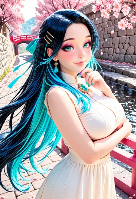 SmoothNoob_Quality, pink theme, 1girl, mature, pastel color hair, (black hair, blue hair, multicolored hair), very long hair, hair ribbon, aqua eyes, hairpins, layered clothes, sleeveless, blouse, bows, ribbons, earrings, brooch, jewelry, lipgloss, long eyelashes, eyeshadow, blush, nail polish, multicolored nails, outdoors, cherry blossom trees, falling petals, wind, shadows, bridge, stone bridge, river, path, railing, wall, solo, happy, cowboy shot, looking at viewer, crossed arms, hand on chin, <lora:SLE_v2:0.2> <lora:Smooth_Booster_v3:0.5> <lora:All_Disney_Princess_-_Illustrious:0.3> <lora:IncaseStyle_NoobAI:0.25>