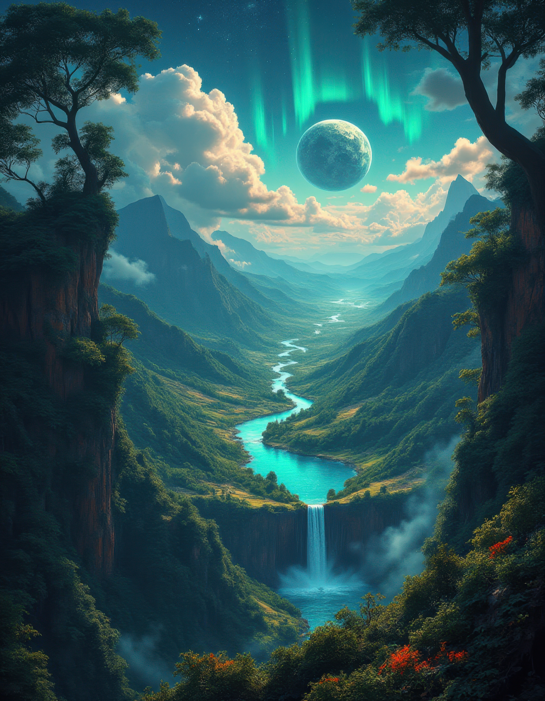 A breathtaking view of an untouched, primordial Earth: vast, lush continents covered in endless forests, vibrant meadows, and towering ancient trees glowing faintly with bioluminescent moss, crystal-clear oceans teeming with life, massive schools of glowing fish visible near the surface, waterfalls cascading from sky-high cliffs into turquoise lagoons, volcanoes gently smoking in the distance, vast mountain ranges covered in emerald greenery, the sky filled with dramatic cloud formations and glowing auroras, no signs of civilization, only pure nature thriving in its primal state, a cosmic view highlighting Earth's raw beauty from space, with distant stars and nebulas framing the scene, hyper-detailed, photorealistic, cinematic lighting, 8k, masterpiece, award-winning nature and sci-fi art