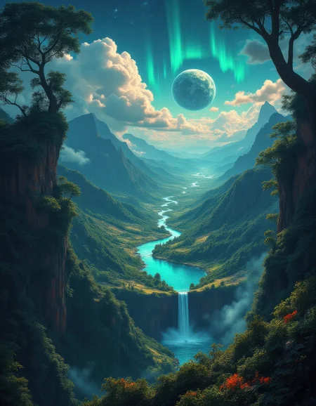 A breathtaking view of an untouched, primordial Earth: vast, lush continents covered in endless forests, vibrant meadows, and towering ancient trees glowing faintly with bioluminescent moss, crystal-clear oceans teeming with life, massive schools of glowing fish visible near the surface, waterfalls cascading from sky-high cliffs into turquoise lagoons, volcanoes gently smoking in the distance, vast mountain ranges covered in emerald greenery, the sky filled with dramatic cloud formations and glowing auroras, no signs of civilization, only pure nature thriving in its primal state, a cosmic view highlighting Earth's raw beauty from space, with distant stars and nebulas framing the scene, hyper-detailed, photorealistic, cinematic lighting, 8k, masterpiece, award-winning nature and sci-fi art