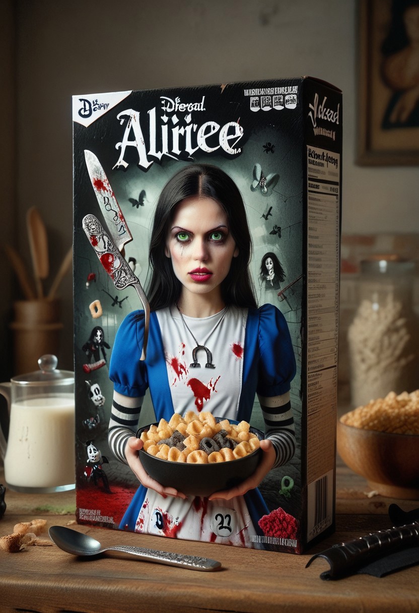 score_9, score_8_up, score_7_up, BREAK
 c3r34lbox, food, 1girl, solo, alicemad, adult, long black hair, pretty, green eyes, blue dress. apron, black and white striped pantyhose, boots, necklace, holding a large knife, blood stains, parted lips,