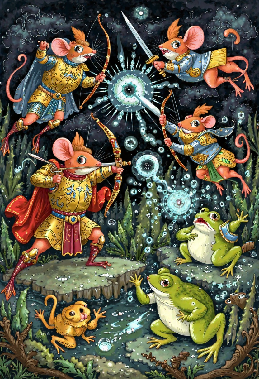 Clip L palech_styleIllustrate a fantastical battle scene between mice and frogs. The mice should be robust, armored fighters wielding bows and swords, while the frogs should be smaller and less well-armed, relying on magic and trickery to defeat their larger opponents. The setting could be a swampy battlefield under a murky sky, with vines and branches littering the ground. Show detailed animations of the mice's intricate armor designs and the frogs' magical spells, like flickering lights and floating objects. Use a muted color palette for the frogs and a brighter, more vibrant one for the mice to create contrast and excitement. The overall effect should be a whimsical yet tense clash of species, showcasing the ingenuity of both sides in the face of adversity. Illustration in the palech styleT5XXLpalech_styleIllustrate a fantastical battle scene between mice and frogs. The mice should be robust, armored fighters wielding bows and swords, while the frogs should be smaller and less well-armed, relying on magic and trickery to defeat their larger opponents. The setting could be a swampy battlefield under a murky sky, with vines and branches littering the ground. Show detailed animations of the mice's intricate armor designs and the frogs' magical spells, like flickering lights and floating objects. Use a muted color palette for the frogs and a brighter, more vibrant one for the mice to create contrast and excitement. The overall effect should be a whimsical yet tense clash of species, showcasing the ingenuity of both sides in the face of adversity. Illustration in the palech style