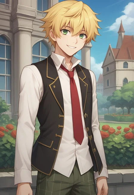 score_9, score_8_up, source_anime, highly detailed,
oz, 1boy, blonde hair, male focus, green eyes, necktie, red necktie, shorts, smile, vest,
solo, shirt, white shirt, collared shirt, upper body,
outdoor, sky, garden, mansion,