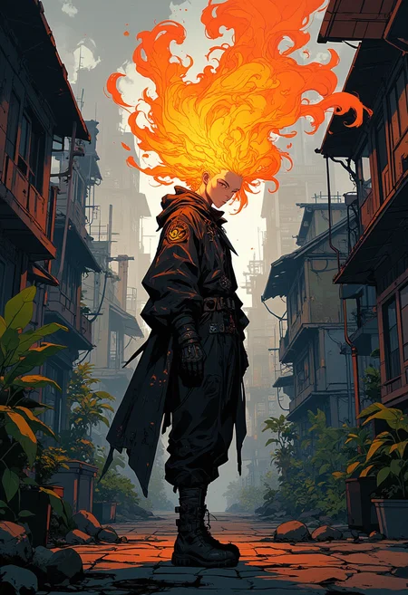 Anime Niji style, A person with a fiery head and a black outfit is in a city with buildings and plants. The fiery hair is coming out of their head, low angle, masterpiece, best quality.