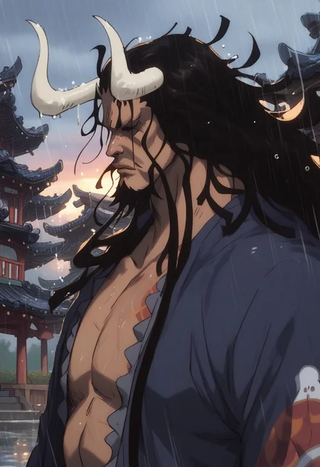 score_9, score_8_up, score_7_up, source_anime, rating_safe, raining, sunrise, wet, KaidoOP, black_Kaido_facial hair, (white_Kaido_horns), black_Kaido_hair, shaded face, 1boy, male focus, casual clothes, droplets, blurry outdoors Japanese architecture, tori gate, scenery, centered, from side, sad-gloomy, realistic shading,
