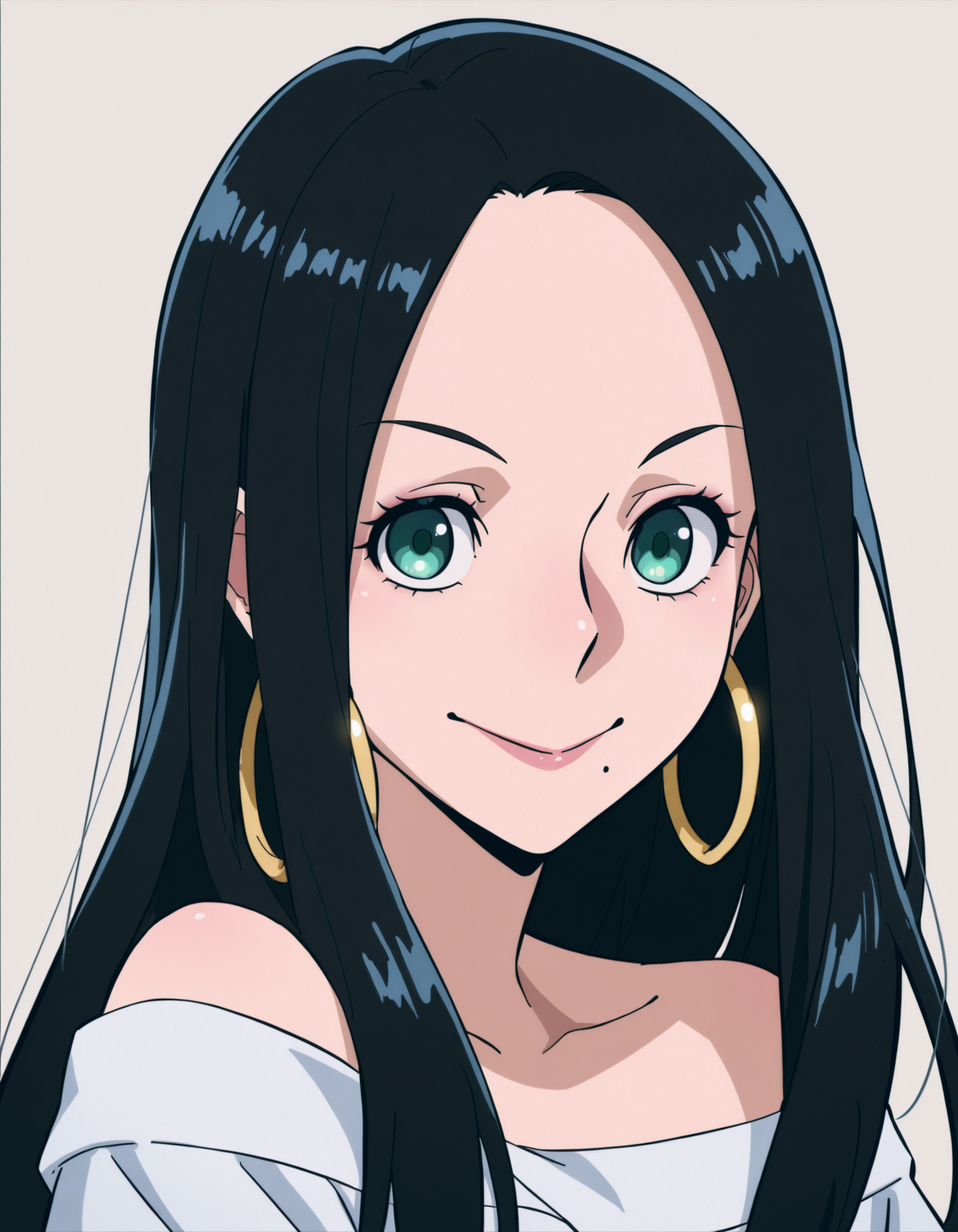 <lora:MakotoTsukauchiIllustrious1.0JLFO:1> makokotsukauchi, black hair, long hair, 1girl, smile, mole, jewelry, solo, green eyes, hoop earrings, white shirt, bare shoulders, upper body, portrait, looking at viewer, simple background,