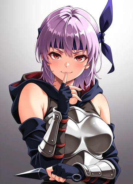 masterpiece, best quality, amazing quality, highres, absurdres,
<lora:Ayane_-_Dead_or_Alive_-_Illustrious:1> ayane, headband, red eyes, ng-miyama-armor, white chestplate, bare shoulders, arm guards, fingerless gloves, black hood, hood down,
1girl, adult, solo,
abstract background, gradient background,
holding kunai,
looking at viewer, happy, confident, smirk,
stunning attractive cute 28-years-old woman, medium breasts,
intimate, romantic, sensual, seductive,