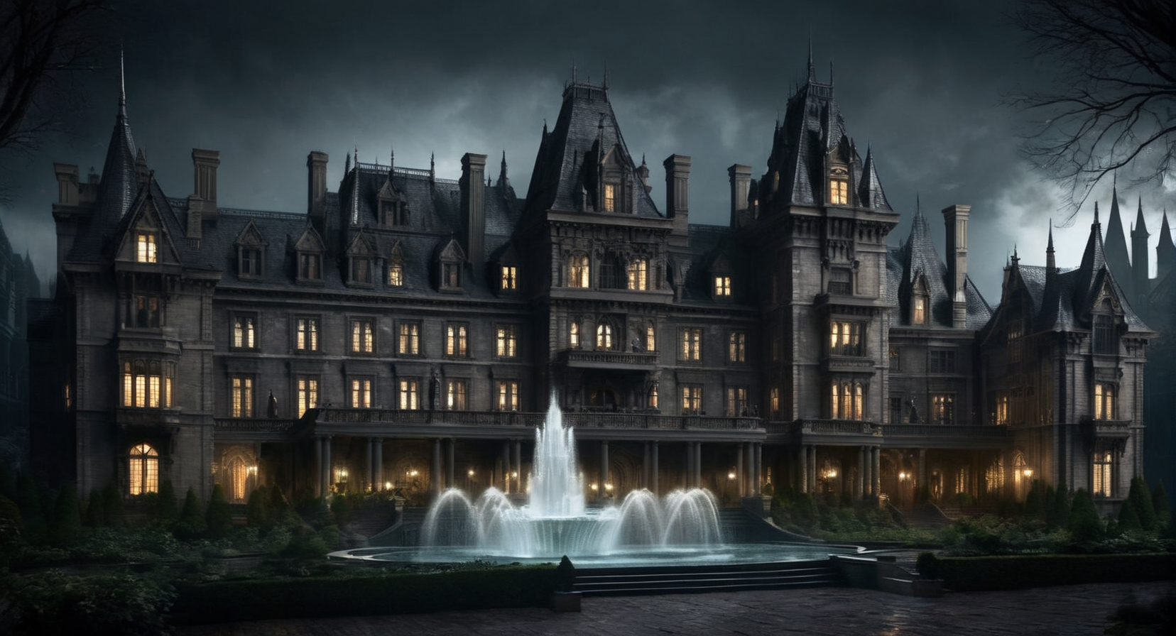 Dark Fantasy Art of  <lora:Gotham City:1.2>
Gotham City Wayne Manor a large castle with a fountain in front of it, dark, moody, dark fantasy style