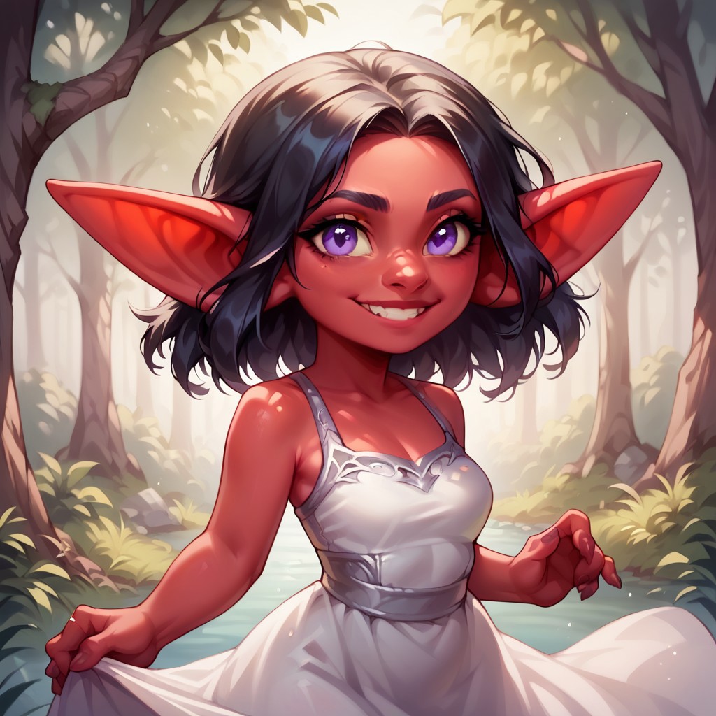 (((detailed, beautiful, high quality))), score_9, score_8_up, score_7_up, solo, upper body,
goblin, short stature, shortstack, long pointed ears, big eyes,
1girl, female focus, long black hair, purple eyes, red skin, white dress, 
(looking at viewer:1.2), posing,
forest, dancing, smiling,