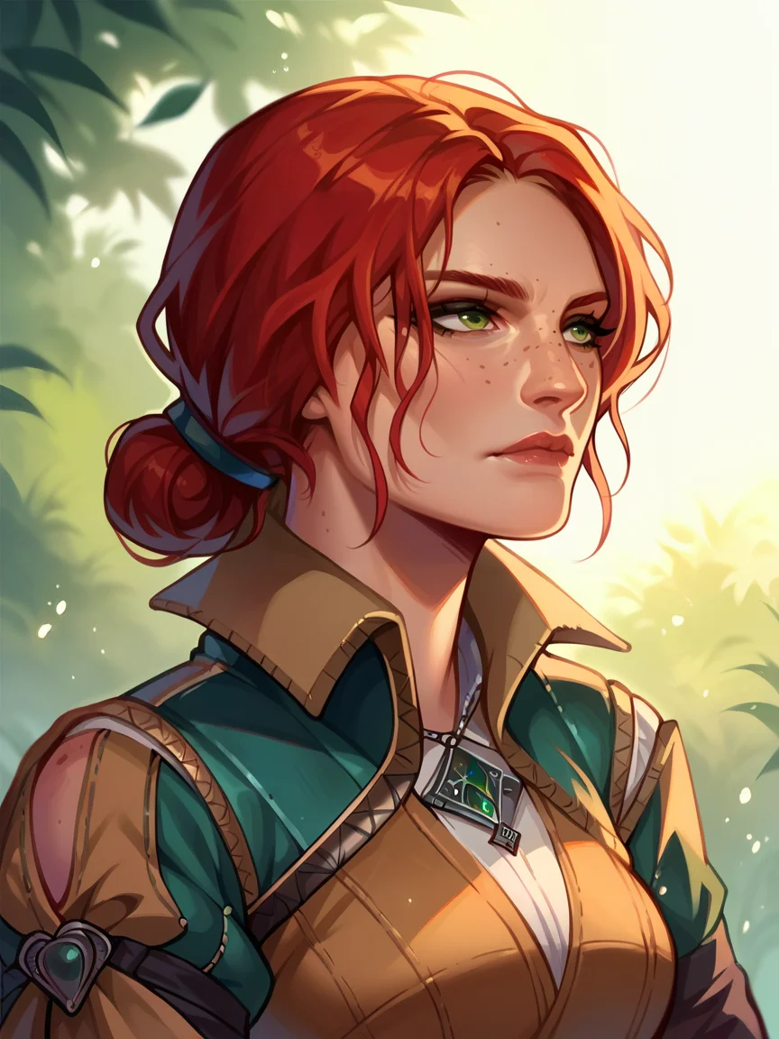 score_9, score_8_up, score_7_up, score_6_up, score_5_up, <lora:trissmerigoldXLP:1> triss merigold, 1girl, solo, red hair, freckles, green eyes, hair bun,