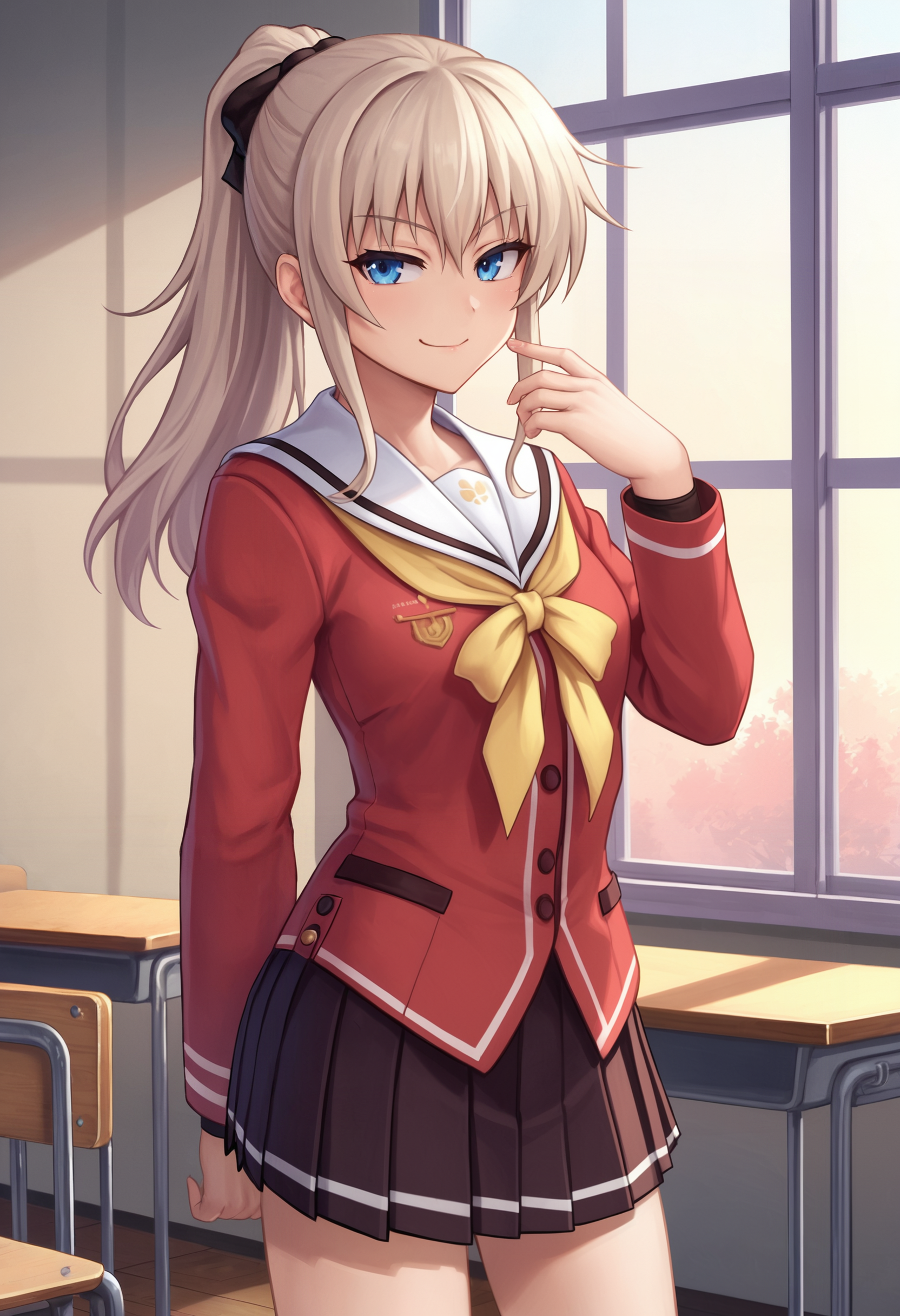 zPDXL, source_anime, cowboy shot,  BREAK
tomori nao, ponytail, school uniform, 
closed mouth, naughty face,
standing,
indoors   <lora:nao-ponyxl-kohya-006:0.6>