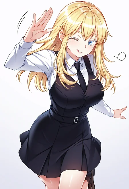 Smooth Quality,masterpiece,very intricate, high quality details, ultra realistic, high detailed skin,detailed enviorement,absurdres,
simple background, white background, dancing,skindentation, solo,from above,open hand,
 <lora:Laura_Zeppelin_CNR:0.8>laura_cnr, 1girl, blonde hair, long hair, blue eyes, mole under eye, large breasts,laura_uniform_cnr, school uniform,white shirt, collared shirt,black vest,black necktie,plaid skirt,black dress, pinafore dress, long sleeves, socks, shoes,, sigh,, ;q,