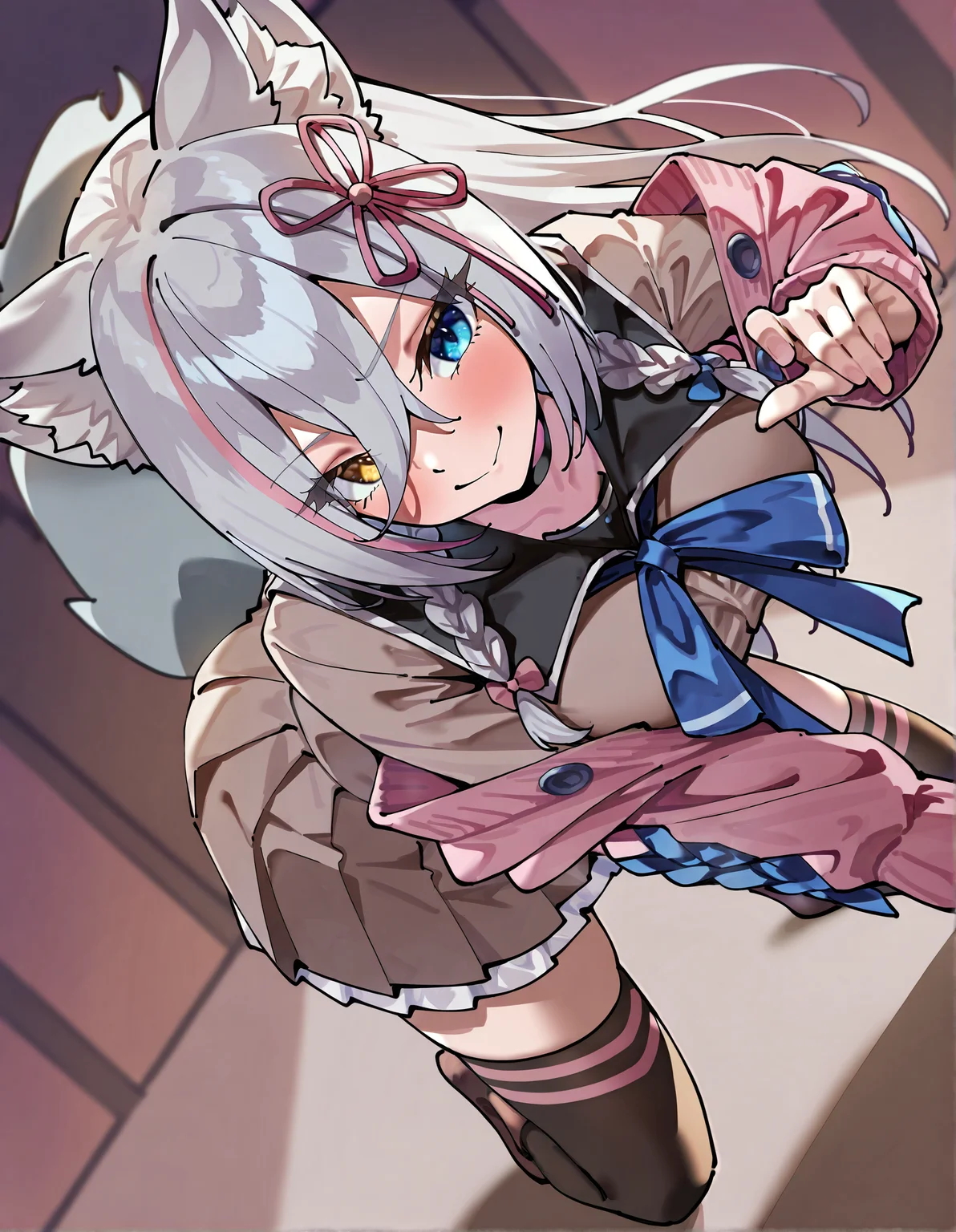 masterpiece, perfect quality, best quality, absolutely eye-catching, absurdres, highres, newest, <lora:ronomiyahinagikuillustriousXL:1>, 1girl, ronomiyahinagiku, dynamic pose, dutch angle,