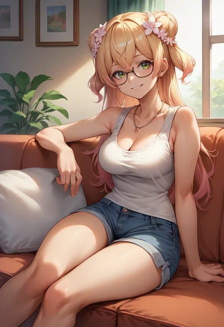 score_9, score_8_up, score_7_up, source_anime, 1girl, solo, MomosuzuNene, long hair, double bun, hair flower, glasses, tank top, cleavage, necklace, sleeveless, shorts, smile, indoors, sitting, on couch, <lora:ChamMomosuzuNenePonyXL:1>