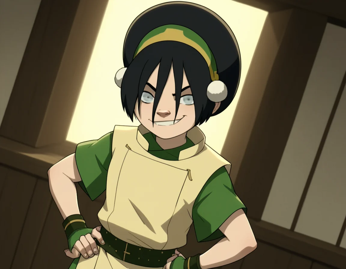 score_9, score_8_up, score_7_up, source_anime, <lora:toph-beifong-book2book3-ponyxl-lora-nochekaiser:1>, toph beifong, black hair, hairband, blind, grey eyes, hair between eyes, short hair,, shirt, green shirt, vest, belt, short sleeves,, indoors, smug, smile, looking at viewer, solo, hands on hips,, cowboy shot, dutch angle