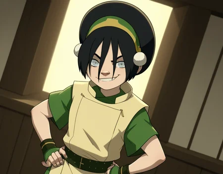 score_9, score_8_up, score_7_up, source_anime, <lora:toph-beifong-book2book3-ponyxl-lora-nochekaiser:1>, toph beifong, black hair, hairband, blind, grey eyes, hair between eyes, short hair,, shirt, green shirt, vest, belt, short sleeves,, indoors, smug, smile, looking at viewer, solo, hands on hips,, cowboy shot, dutch angle
