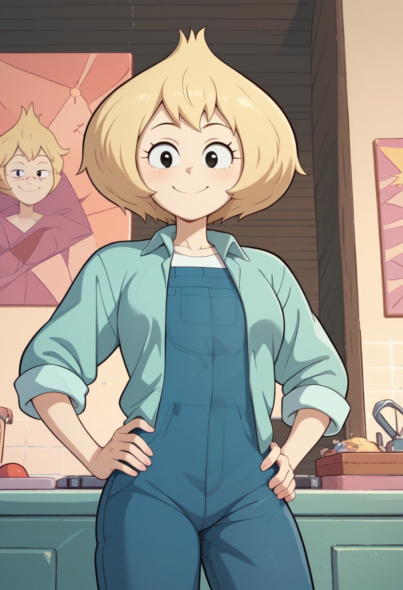 ((bedroom background)),score_9, score_8_up, score_7_up,score_6_up, 
1girl, Solo, VidaliaMilf_SU, pale white skin, black eyes, pale blonde hair, short hair, messy voluminous hair, large mint green shirt, blue overalls with cuff over pants under shirt, white t-shirt under overalls, red slippers, big eyes, tall stature, social smile, sexy face, close-up, cowboyshot, perfect eyes, perfect smile, looking at the viewer, big breasts, detailed eyes, perfect eyes, cute, standing, hand up, hand on hips, low-angle view:1.3, front view