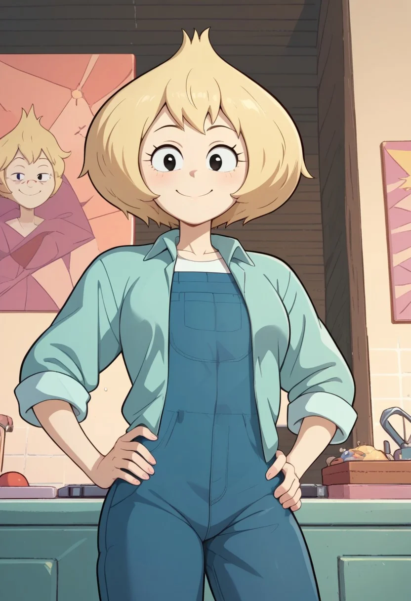 ((bedroom background)),score_9, score_8_up, score_7_up,score_6_up,
1girl, Solo, VidaliaMilf_SU, pale white skin, black eyes, pale blonde hair, short hair, messy voluminous hair, large mint green shirt, blue overalls with cuff over pants under shirt, white t-shirt under overalls, red slippers, big eyes, tall stature, social smile, sexy face, close-up, cowboyshot, perfect eyes, perfect smile, looking at the viewer, big breasts, detailed eyes, perfect eyes, cute, standing, hand up, hand on hips, low-angle view:1.3, front view