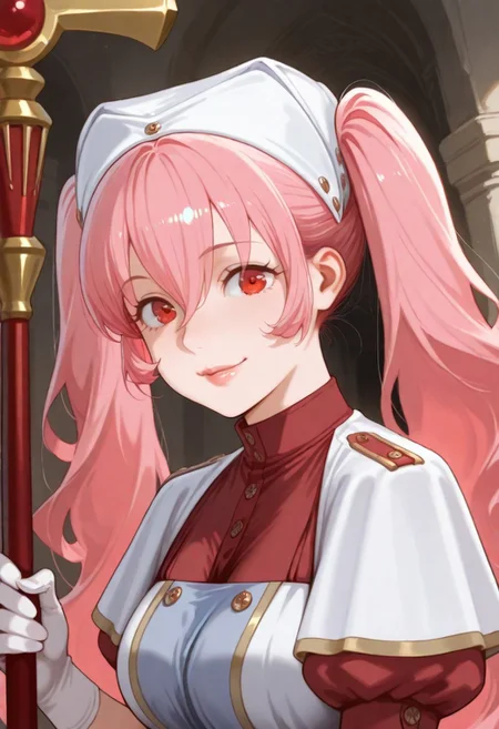 G0thicL1nes masterpiece, best quality, amazing quality, good quality,
heith velvet, long hair, pink hair, twintails, hair between eyes, red eyes, kind eyes, soft lips, luscious lips, lip gloss, gently smile, medium breasts, puffy sleeves, short sleeves, white gloves, 1girl, holding staff, looking at viewer, large breasts, dress, hat, indoor, temple,