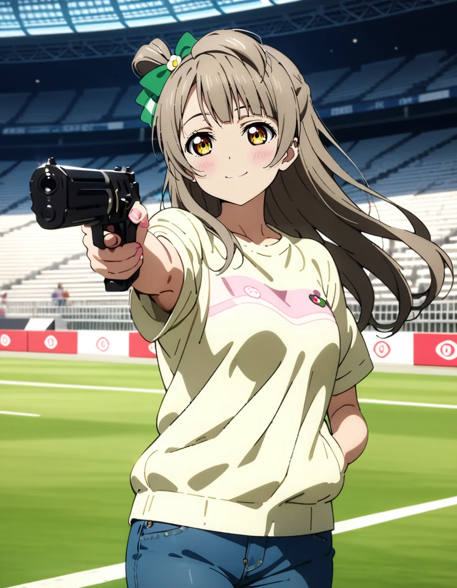 masterpiece, best quality, ultra detailed, highres,4k,(ultra-detailed:1.4) (illustration:0.5), (ray tracing,:0.8),(anime colored:0.7),(ai-generated:0.5), (anime screencap:0.2),
1girl,solo,
minami kotori, love live!
casual wear,pants,
smile,
<lora:mukakinojisanXL1:0.8>,mukakinojisan,
hand in pocket,holding gun, aiming,standing, aiming at viewer,
looking to the side,
stadium,audience,indoor,