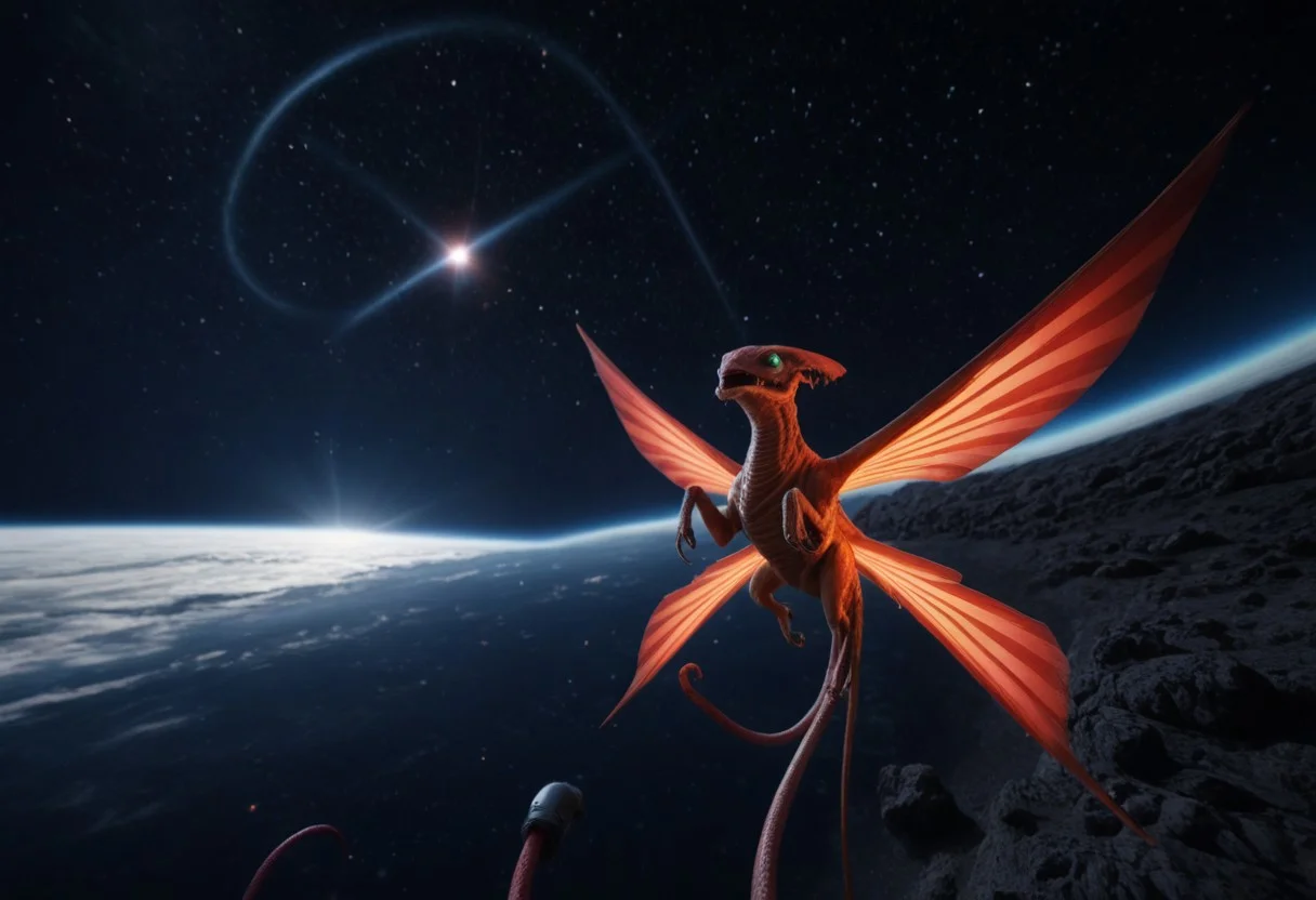 the grand spaceship from the movie "Alien", red star ussr on the bow of the ship, on cute big illuminates as view ports, streamlined tentacle wings, in space with milky way in background, 4k