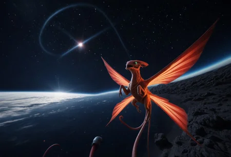 the grand spaceship from the movie "Alien", red star ussr on the bow of the ship, on cute big illuminates as view ports, streamlined tentacle wings, in space with milky way in background, 4k