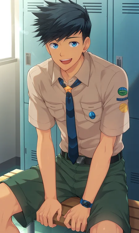 1boy, Natsumi, male focus, slim, solo, male focus, blue eyes, open mouth, smile, brown-grey shirt, short sleeves, blue necktie, green shorts, wristwatch, black belt, feet out of frame, looking at viewer, sitting, on bench, locker room, indoors, (masterpiece:1.35), (very aesthetic, best quality:1.3), detailed shading, detailed skin, realistic shading, highly detailed, intricate details, masterful composition, cinematic lighting, close-up, <lora:Natsumi_XL_V10_ILL:1.3>